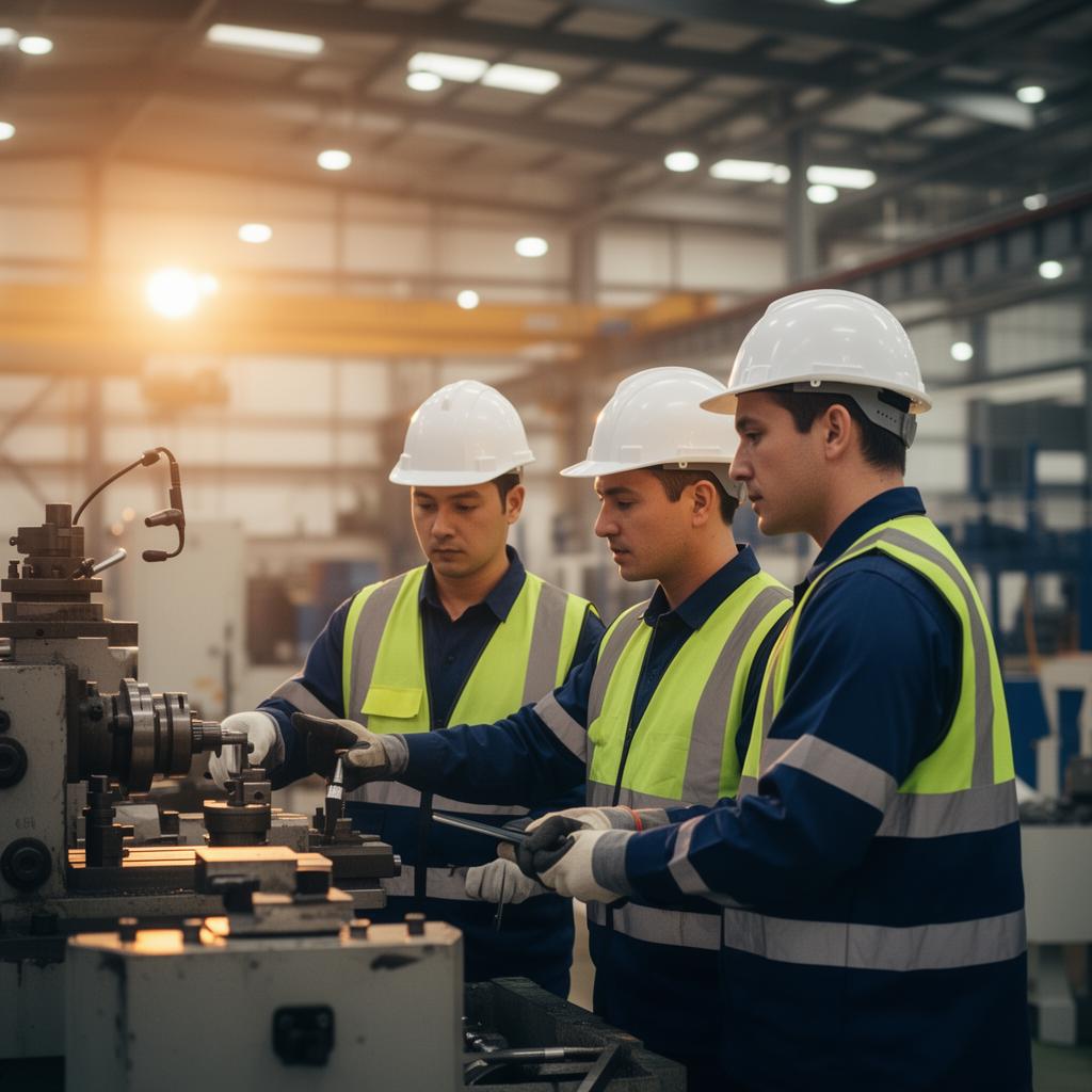 Lavoratori con DPI in azienda certificata ISO 45001 per sicurezza sul lavoro e sgravio INAIL